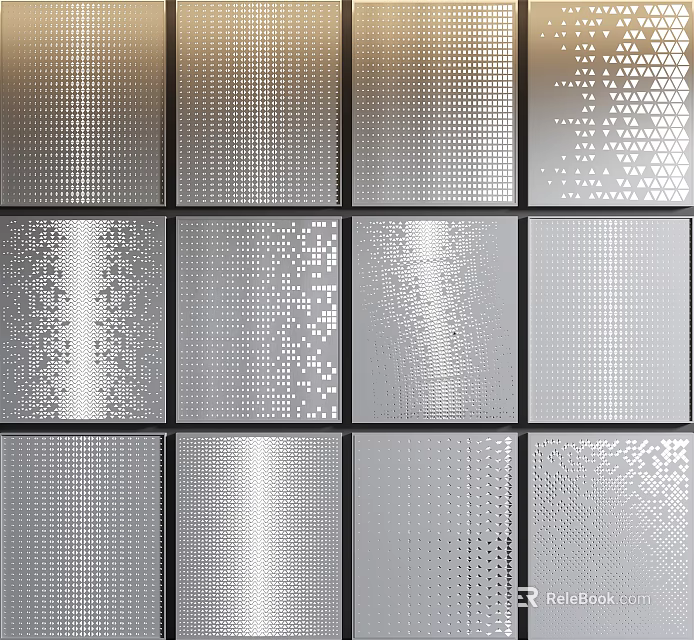 Modern Metallic Background Wall With Silver Square Panels Various Perforated Patterns And Shiny Glossy Surface 3d model