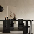 Modern Black Dining Table Set with Chairs Hanging Pendant Light Candles and Decorative Vases