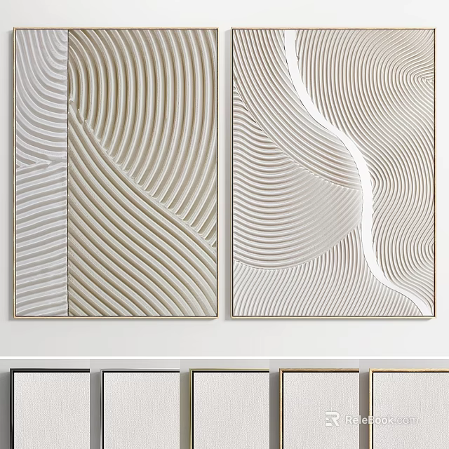 Modern Minimalist Wall Frames Featuring Wavy Curved Lines In Beige Light Gray Tones 3d model