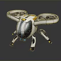 Futuristic Drone Robot With Four Propellers Mechanical Legs Silver White Body And Yellow Accents