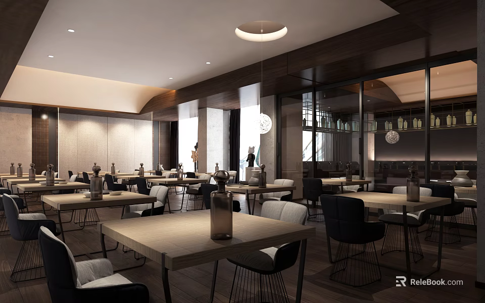 Modern Restaurant Interior With Wooden Tables Chairs Pendant Lights Open Layout And Green Plants 3d model 