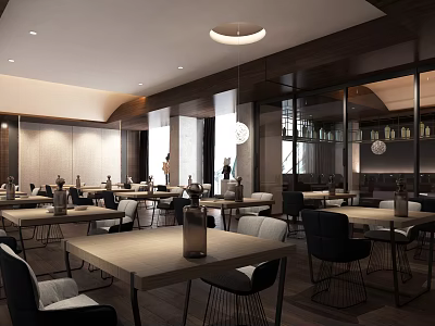 Modern Restaurant Interior With Wooden Tables Chairs Pendant Lights Open Layout And Green Plants 3d model