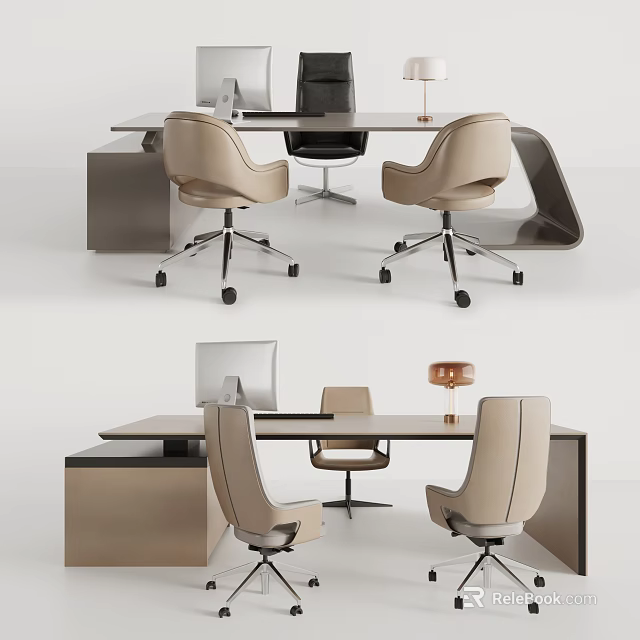 Modern Sleek Office Desk Design With Beige Chairs Computer And Table Lamp 3d model