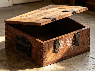 Vintage Wooden Trunk With Open Lid And Metal Clasps Distressed Finish 3d model