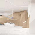 Modern Reception Area Interior With Geometric Wooden Walls White Desk Computers And Sofas