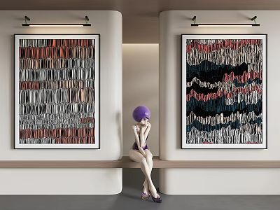 Abstract Paintings With Wavy Patterns Purple Hat Woman Seated In Minimalist Room 3d model