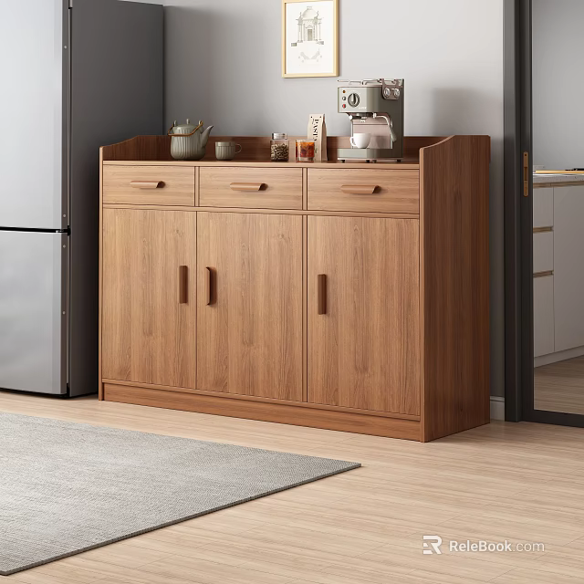 Wooden Sideboard Cabinet In Kitchen With Drawers Doors And Coffee Machine Jars On Top 3d model 