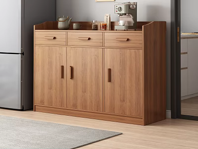 Wooden Sideboard Cabinet In Kitchen With Drawers Doors And Coffee Machine Jars On Top 3d model
