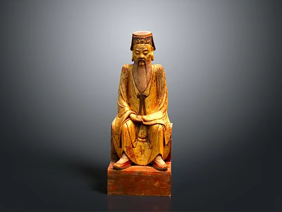 Traditional Man In Ancient Robes With Long Beard Wooden Sculpture Sitting On Red Pedestal Base 3d model