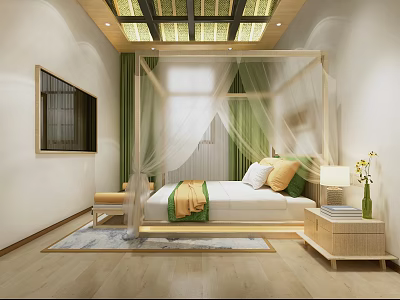 Hotel Guest Room Interior With Canopy Bed White Green Curtains And Wooden Floor 3d model