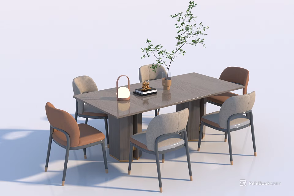 Modern Rectangular Dining Table with Light Gray and Brown Chairs Potted Plant and Decorative Tray 3d model