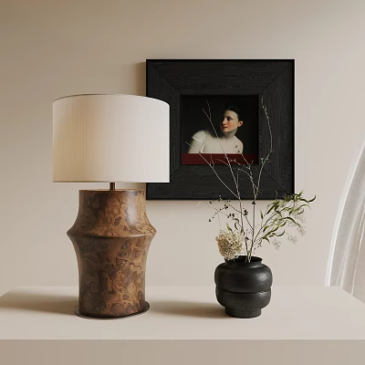 Modern Table Lamp with Wooden Base White Shade Near Framed Portrait and Vase of Greenery 3d model