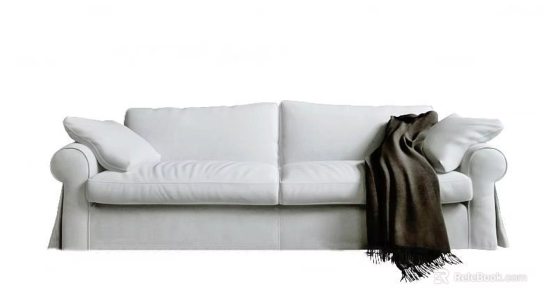 White Two Seater Sofa with Cozy Brown Blanket and Plush Pillows 3d model 