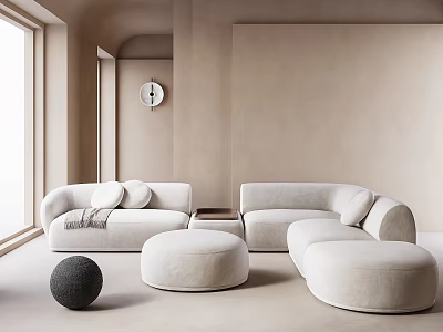 Modern Cream Sectional Sofa Set With Round Ottoman Light Wall And Window 3d model