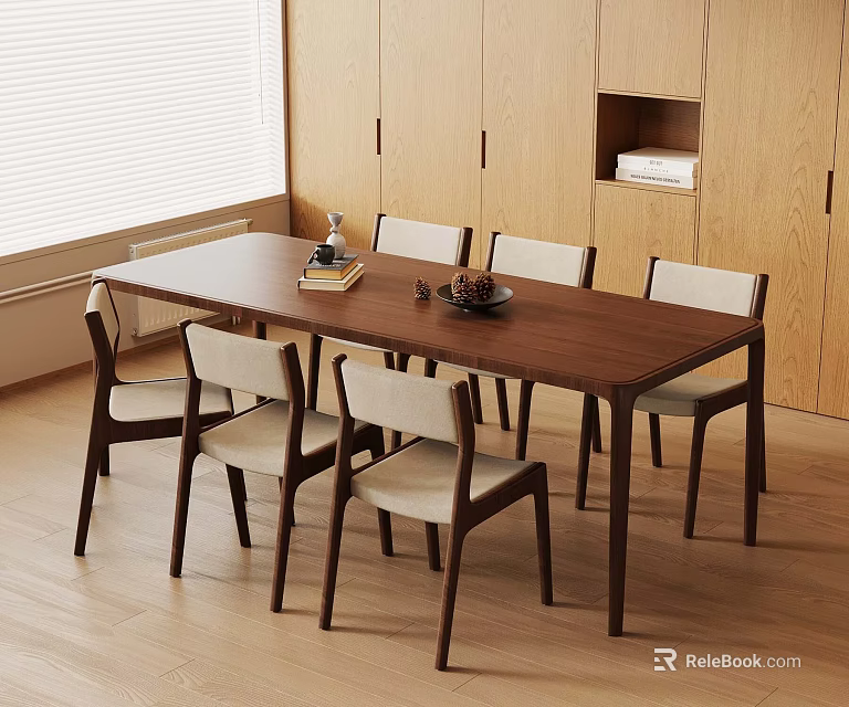Modern Dining Area Interior With Wooden Table Beige Chairs And Cabinets 3d model 