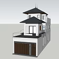 Two Story Detached Villa with Pagoda Style Roof Glass Doors Garage Door and Palm Trees