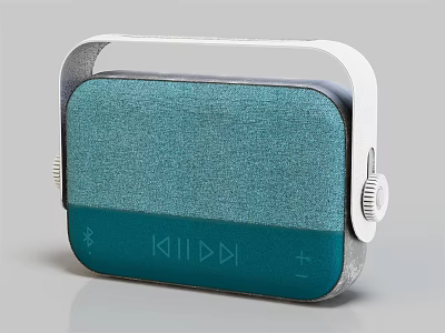 Teal Portable Speaker With Fabric Surface White Frame And Bluetooth Control Buttons 3d model