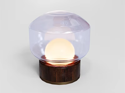 Modern Table Lamp With Transparent Dome Shade And Illuminated Spherical Bulb On Wooden Base 3d model