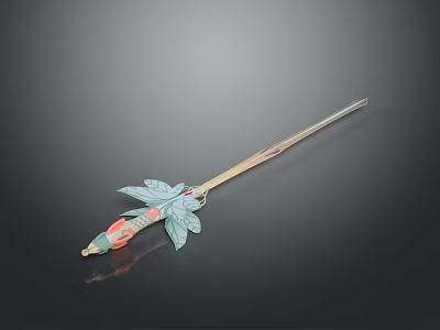 Ancient Style Sword With Green Leaf Hilt Design And Red Decorations Slender Blade 3d model