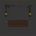 Outdoor Swing Chair With Wooden Slat Seat Metal Frame And Decorative Lanterns On Both Sides