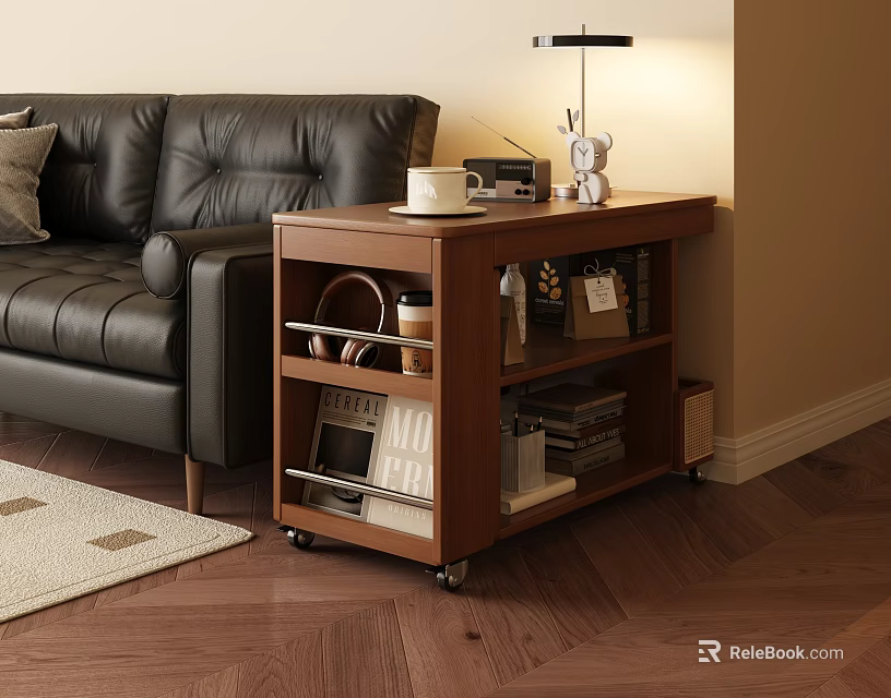 Warm Wooden Side Table In Living Room With Wheels Table Lamp Books Sofa And Decorations 3d model 