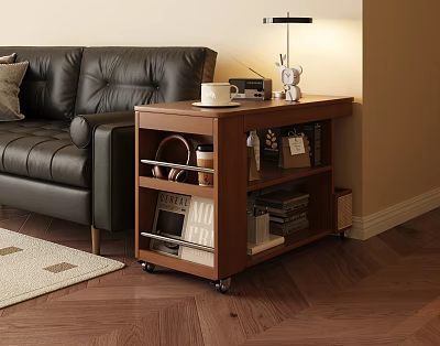 Warm Wooden Side Table In Living Room With Wheels Table Lamp Books Sofa And Decorations 3d model