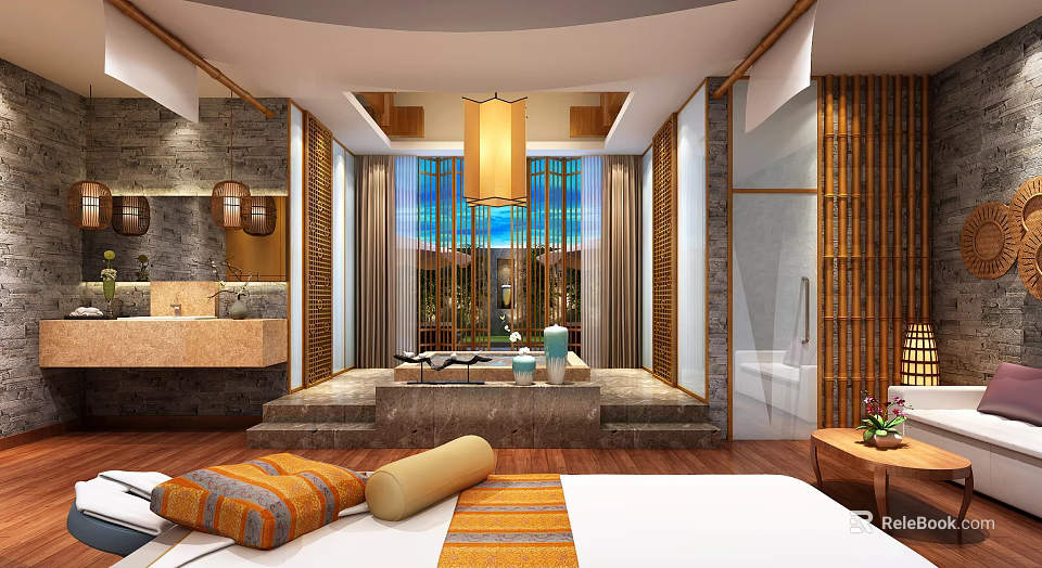 Luxurious SPA Sauna Interior With Warm Lighting Wooden Elements And Relaxation Area 3d model 