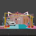 Pink Cat Ear Shaped Toy Car Wash Scene With White Car Balloons And Flamingo Decorations