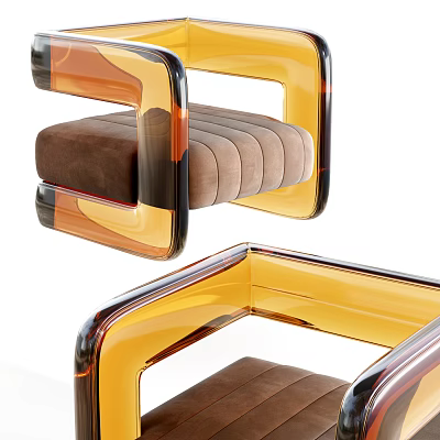 Modern Single Seater Sofa With Amber Acrylic Frame And Brown Tufted Cushion 3d model