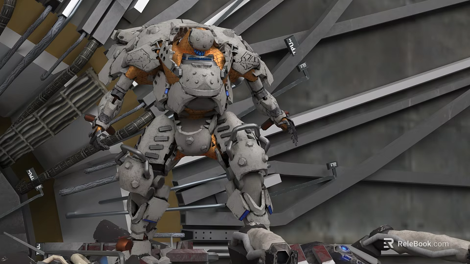 Game Movie Mech Warrior With Gray White Orange Armor Mechanical Structure And Metal Frame Background 3d model 
