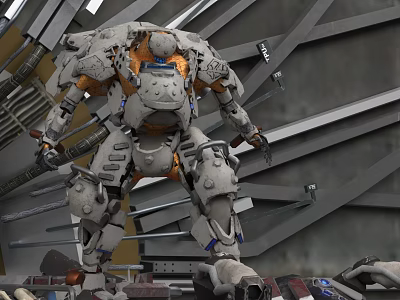 Game Movie Mech Warrior With Gray White Orange Armor Mechanical Structure And Metal Frame Background 3d model