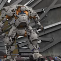 Game Movie Mech Warrior With Gray White Orange Armor Mechanical Structure And Metal Frame Background