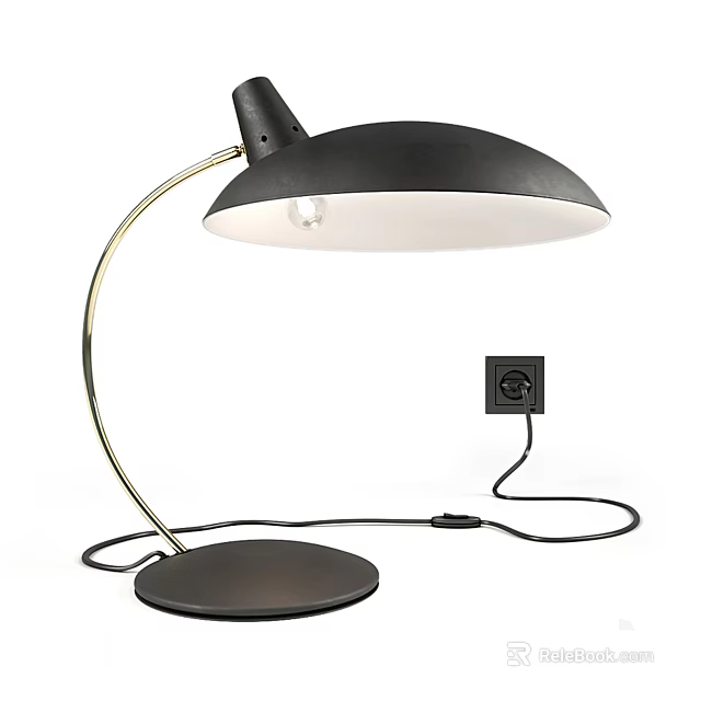 Stylish Black Table Lamp Featuring Gold Curved Pole Black Base And Power Cable 3d model 