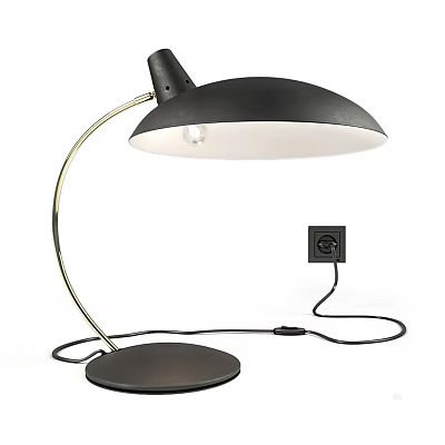 Stylish Black Table Lamp Featuring Gold Curved Pole Black Base And Power Cable 3d model