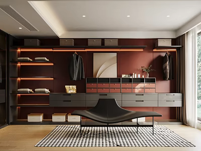 Modern Walk In Closet With Dark Red Walls Storage Shelves And Leisure Chair 3d model