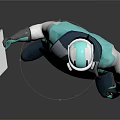 Blue White Green Armored Character and Alien Creature Holding Digital Tablet