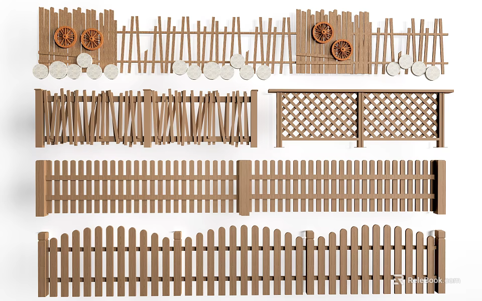 Various Wooden Fence Designs With Decorative Panels Lattice Patterns And Picket Styles 3d model 