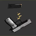 Silver Pistol With Black Grip Magazine And Bullets On Dark Reflection Surface 3d model