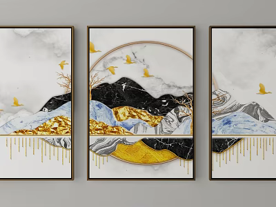 Three Panel Decorative Paintings With Marble Texture Gold Elements And Flying Birds 3d model