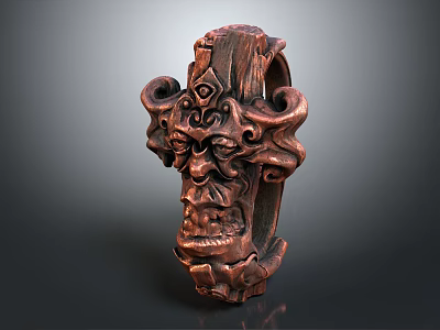 Artistic Copper Jewelry With Intricate Mythical Face Carvings And Elaborate Patterns 3d model