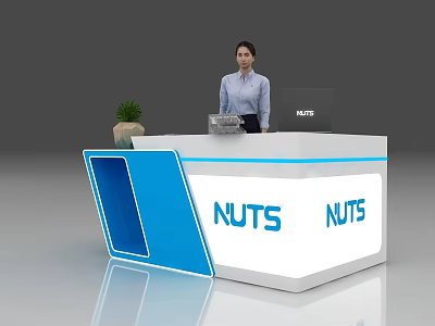 Modern White Reception Desk with Blue Accents NUTS Logo and Potted Plant 3d model