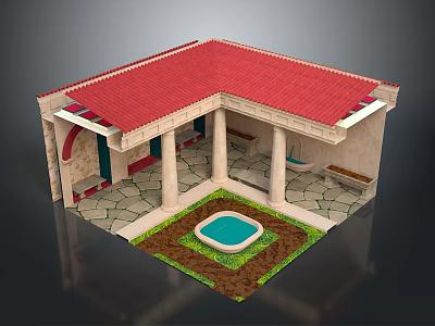 Traditional Courtyard Building Featuring Red Roof White Columns Blue Pool And Stone Paved Ground 3d model