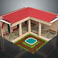 Traditional Courtyard Building Featuring Red Roof White Columns Blue Pool And Stone Paved Ground