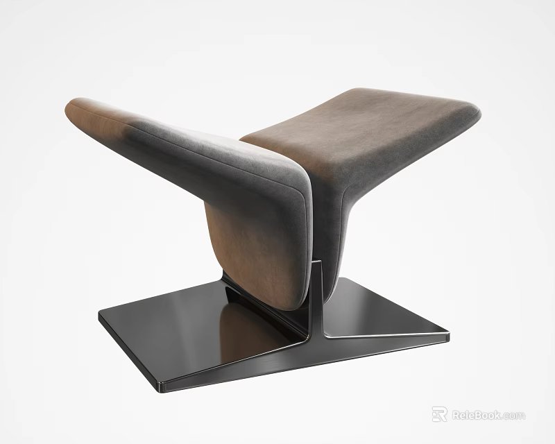 Modern Sofa Stool With Asymmetric Design Brown Gray Upholstery Black Metal Base 3d model 