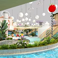 Indoor Playground With Hanging Spherical Lights Colorful Structures Slide Green Plants And Decorative Elements