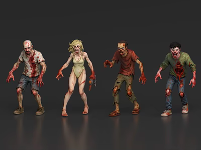 Group of Scary Bloody Zombies With Wounds And Torn Clothes Walking 3d model