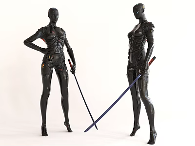 Game And Movie Black Mechanical Robot Characters With Swords And Futuristic Armor 3d model