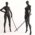 Game And Movie Black Mechanical Robot Characters With Swords And Futuristic Armor