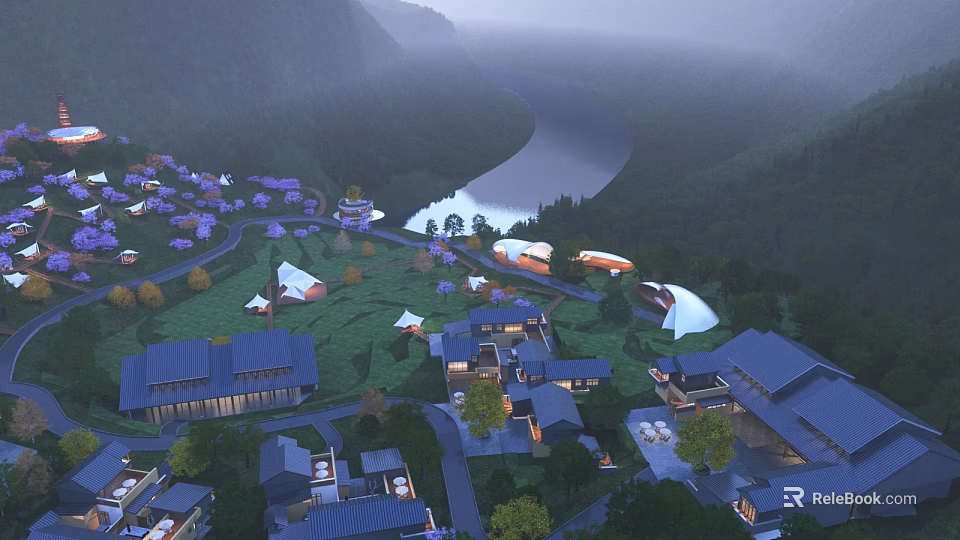 Boutique Homestay Buildings Scattered in Lush Greenery With River and Mountain Backdrop 3d model 