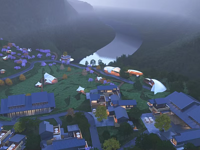 Boutique Homestay Buildings Scattered in Lush Greenery With River and Mountain Backdrop 3d model